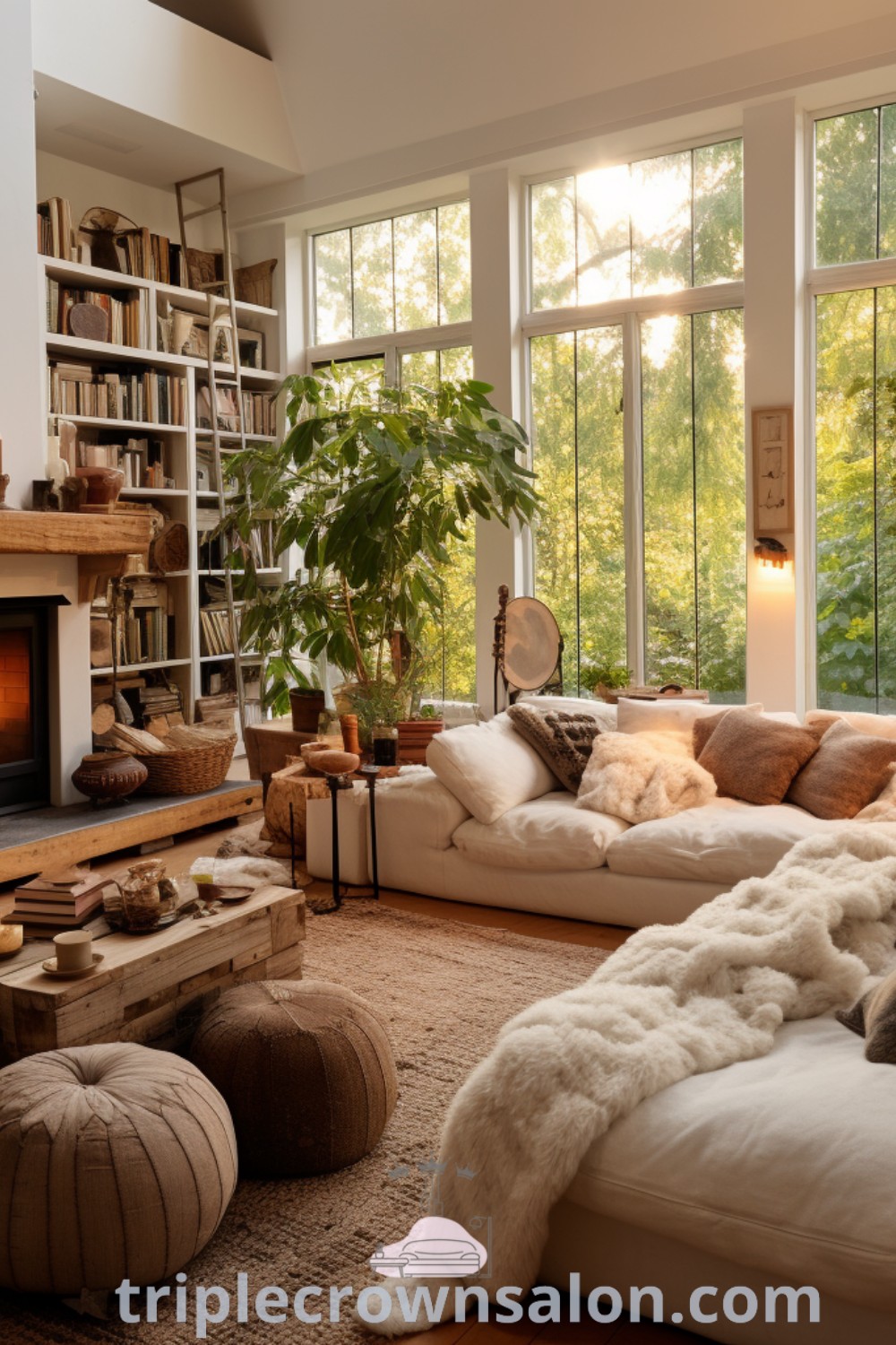 A cozy modern farm style living room filled with furniture, a fireplace at the center, and earthy tones that enhance the inviting ambiance. This decor provides unique ideas for your home, offering cozy aesthetics and design inspirations for small spaces. Explore more at triplecrownsalon.com.