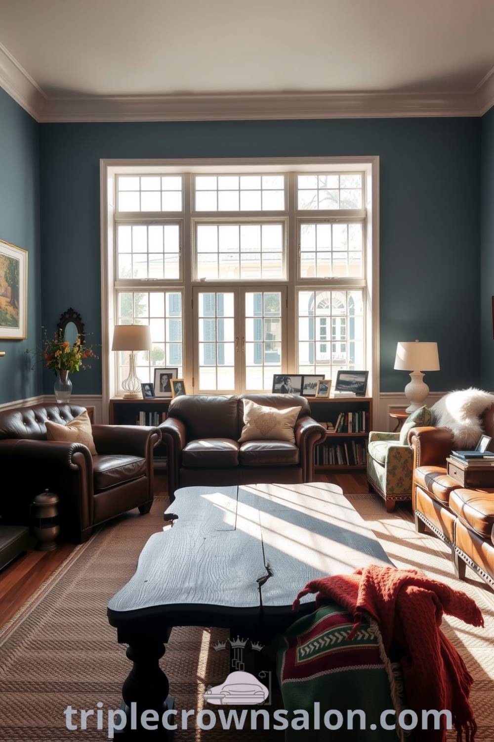 Cozy living room featuring soft blue walls, a leather sofa, plush armchairs, and family photographs on a mantelpiece, with a rustic wooden coffee table and woven rug, offering cozy ideas for creating a warm and inviting atmosphere, as seen on fireplacesandwoodstoves.com.