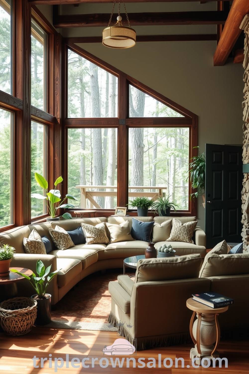 Cozy living room with earthy colors, textured stone accents, weathered wooden furniture, large windows, potted plants, and inviting decor, highlighting nature-inspired design ideas for your home. Visit triplecrownsalon.com for unique inspirations.