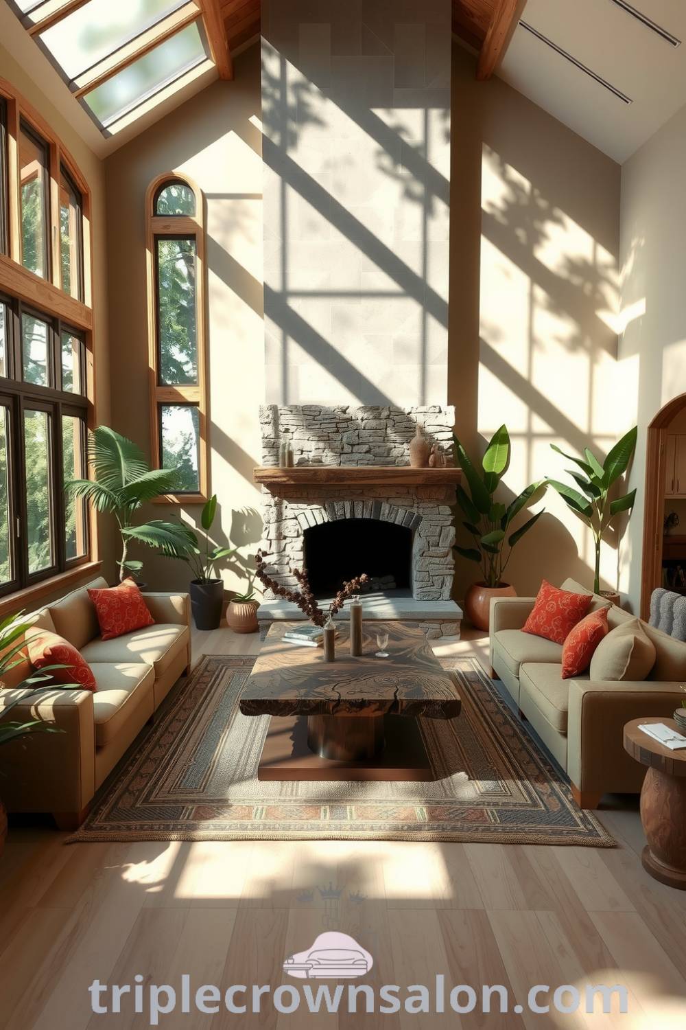 Nature-inspired living room featuring large windows, reclaimed wood coffee table, plush sofas, potted plants, and a textured stone fireplace, creating a cozy and inviting atmosphere for a relaxing home. Visit triplecrownsalon.com for more decor ideas and inspirations.