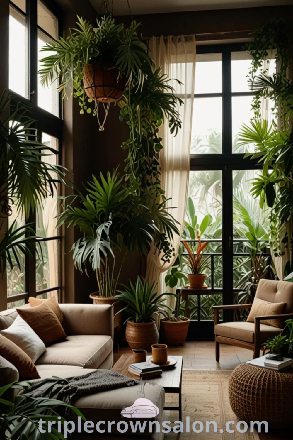 A cozy living room featuring dark wooden furniture and an array of plants on the windowsills, creating an inviting atmosphere. This decor offers unique ideas for your home with earthy tones and potted palms, perfect for inspiring small spaces and decor inspirations. Explore more design tips at triplecrownsalon.com.