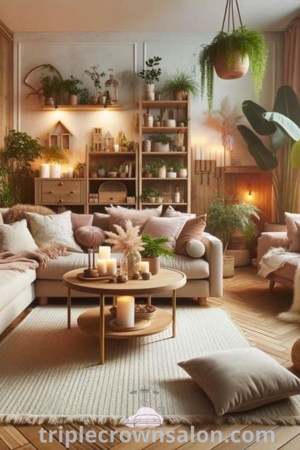 A cozy bohemian living room filled with plants and natural wood decor, showcasing unique ideas for your home. This inviting space reflects soft life living room aesthetics and offers inspiring decor ideas for small spaces. Discover more at triplecrownsalon.com.