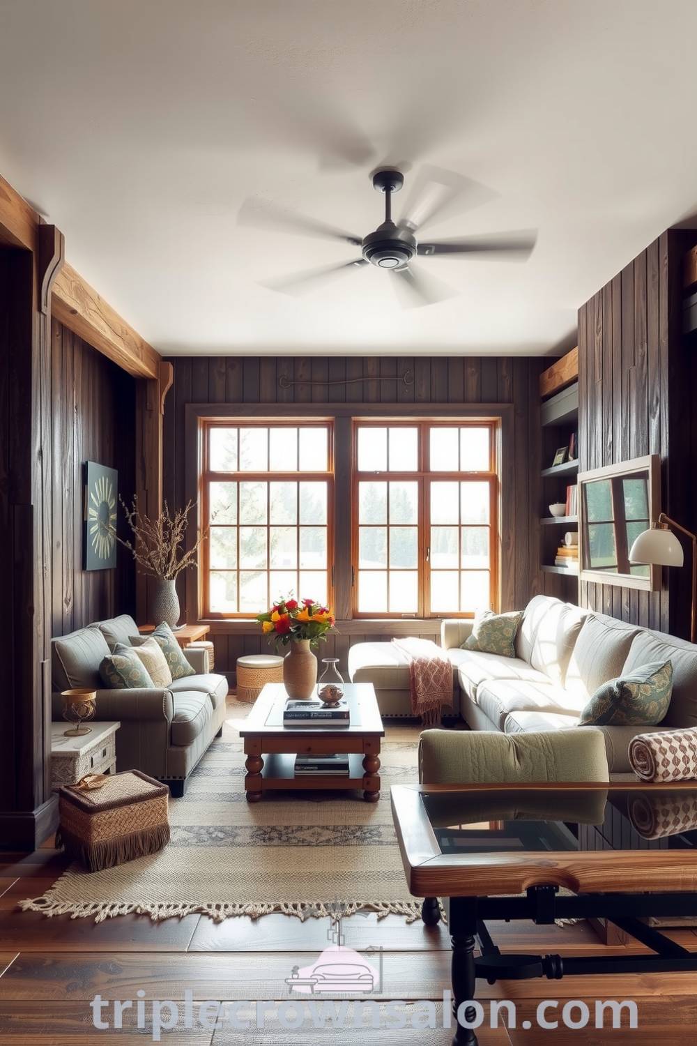Rustic living room with weathered wood beams, deep black accents, a cozy oversized sofa, and a handwoven rug, creating inviting decor ideas and cozy inspirations for your home at fireplacesandwoodstoves.com.