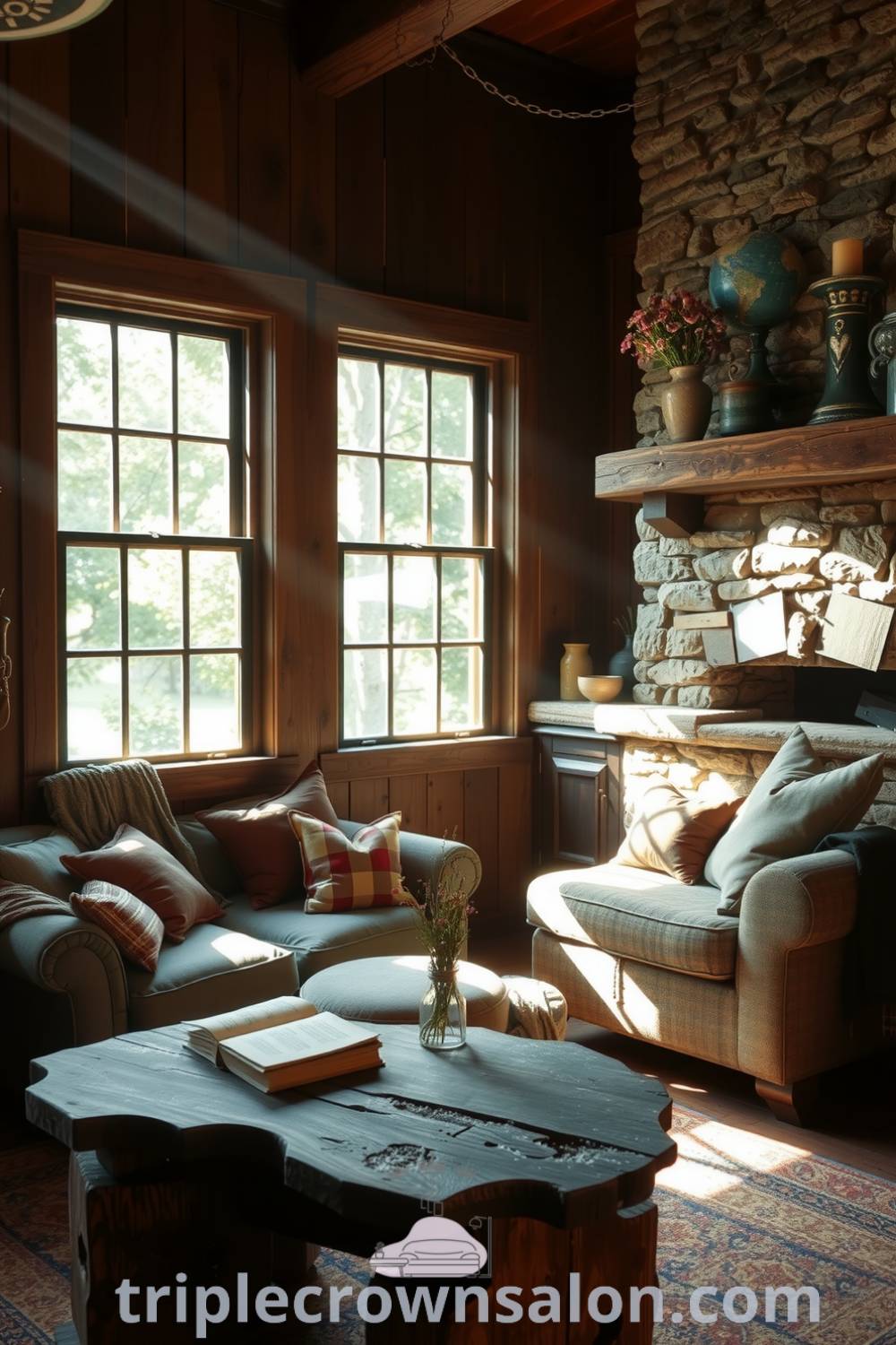 Cozy rustic living room featuring sunlit wooden walls, a stone fireplace, a plump faded sofa, mismatched cushions, and a wooden coffee table with an old book and wildflowers, creating a warm, inviting atmosphere perfect for relaxation, as seen on fireplacesandwoodstoves.com.