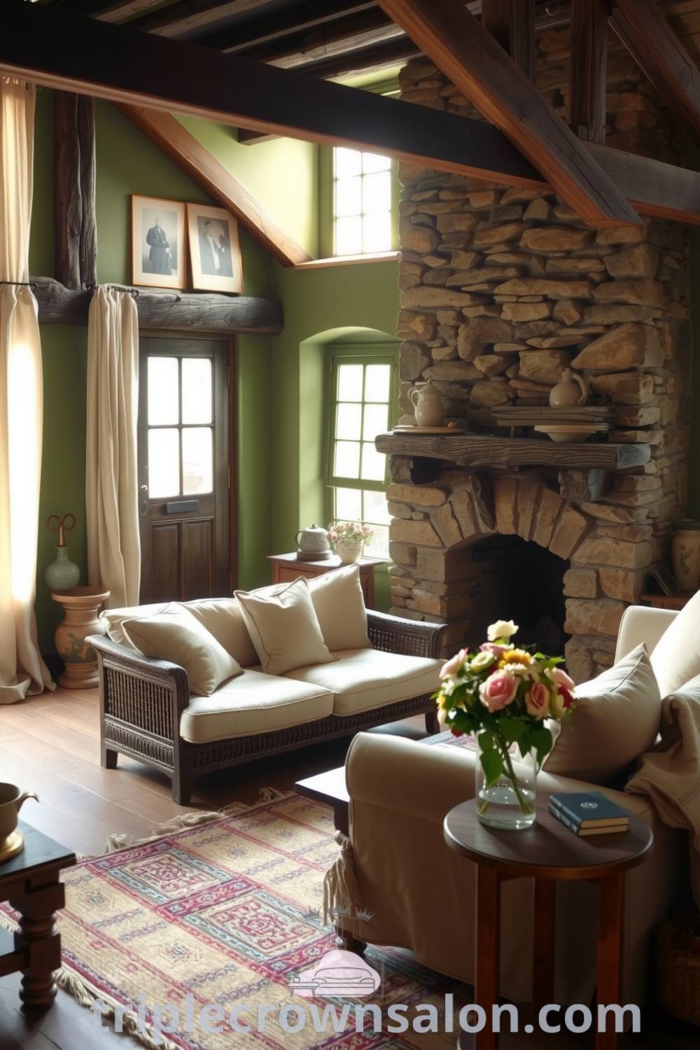 Rustic living room with warm green tones, worn wooden furniture, a cozy sofa, and a crackling stone fireplace, enhanced by a handwoven rug and fresh blooms, offering unique decor ideas for your home at fireplacesandwoodstoves.com.