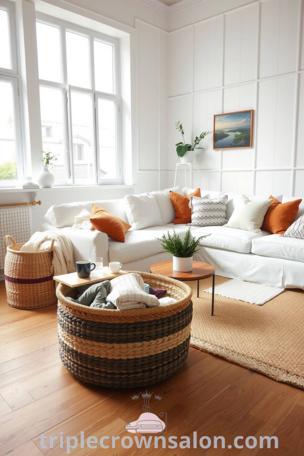 Cozy Scandinavian living room featuring light oak floors, an off-white sofa with throw pillows, a woven basket of blankets, large windows, potted greenery, and a handmade coffee table, ideal for inspiring decor ideas for your home at triplecrownsalon.com.