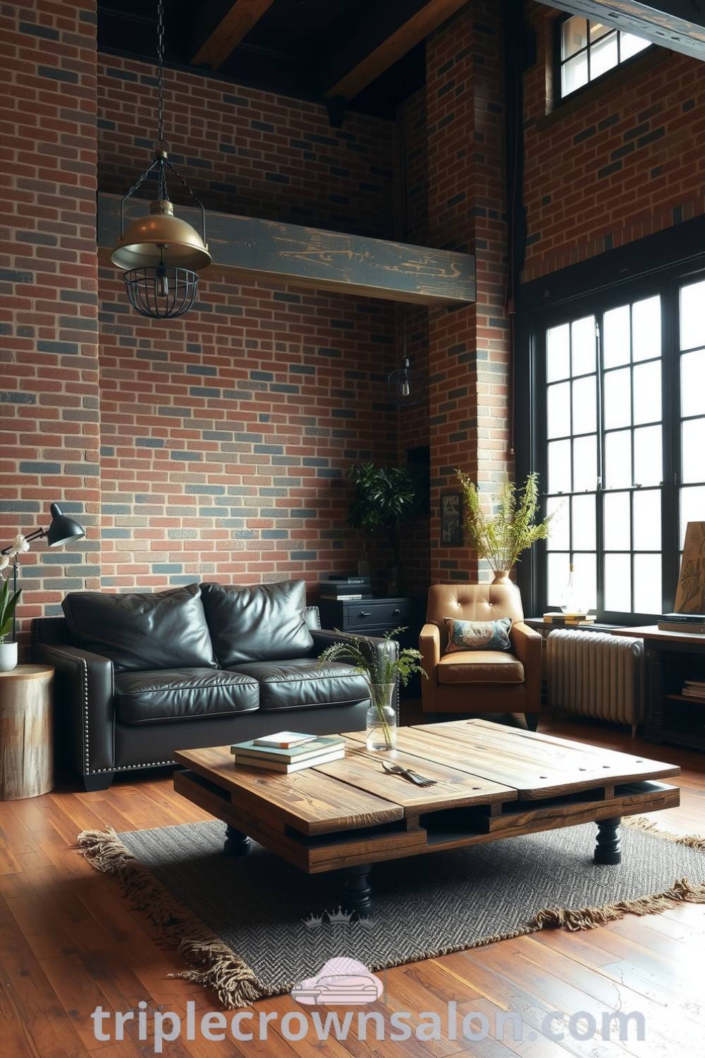 Cozy living room with a rich brown color palette, exposed brick walls, weathered wooden beams, a plush leather sofa, and a reclaimed wood coffee table, offering inspiring decor ideas for your home from triplecrownsalon.com.