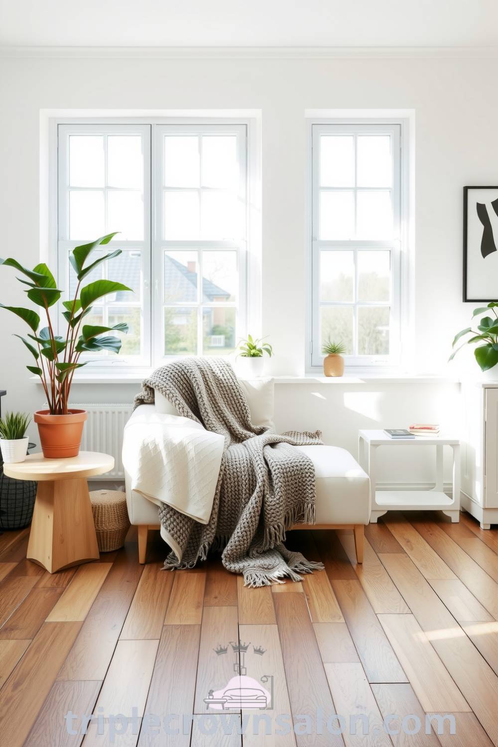 Scandinavian living room with crisp white walls, large windows, light oak furniture, cozy textiles, and potted plants, creating a peaceful and inviting ambiance for a cozy home at triplecrownsalon.com.