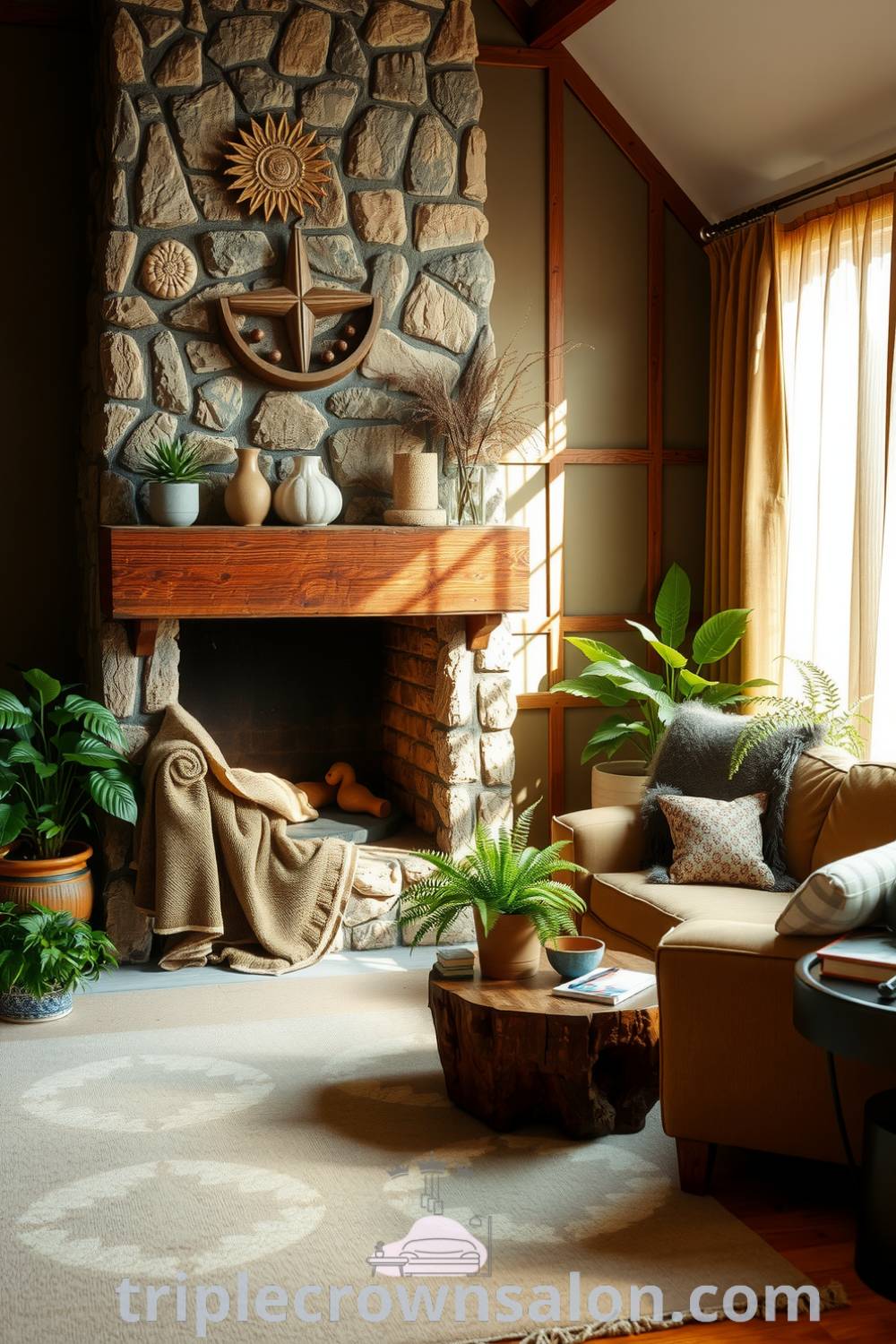 Living room featuring a nature-inspired design with earthy tones, a large stone fireplace, organic cotton rug, potted ferns and succulents, and sheer leafy-green curtains, creating a cozy home atmosphere. Visit triplecrownsalon.com for inspiring decor ideas for your home.