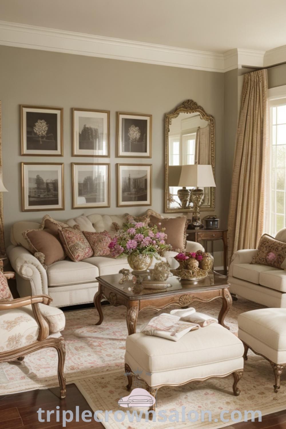 A stylish French living room featuring vintage furniture, elegant decor, and cozy elements that create an inviting atmosphere. This design offers unique ideas and decor inspirations for small spaces, infusing your home with charm. Discover more at triplecrownsalon.com.