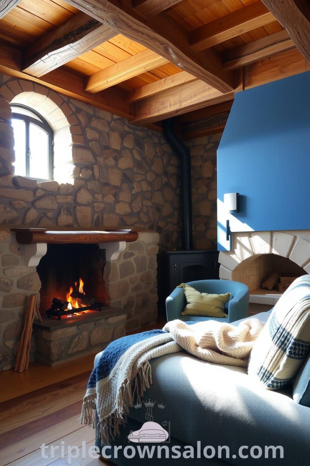 Rustic blue living room featuring rough stone walls, a wooden beam ceiling, an overstuffed sofa with soft throws, weathered hardwood floors, and a crackling fire in the hearth. Cozy design ideas for your home can be found at triplecrownsalon.com.
