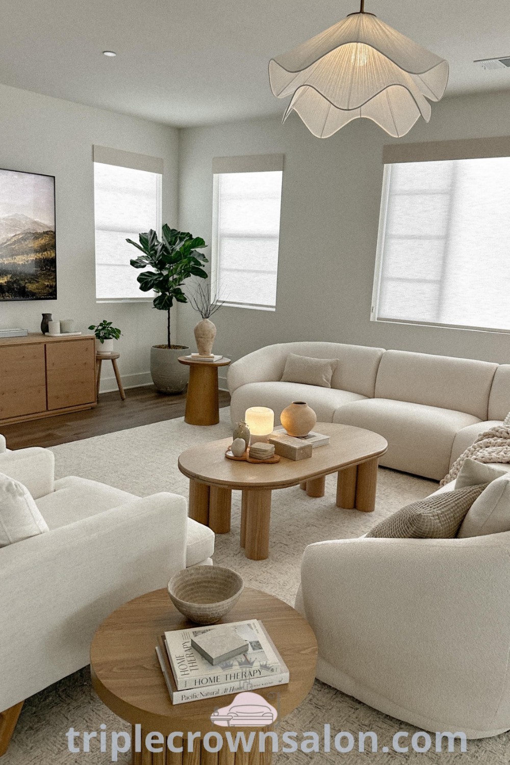 A clean and inviting Japandi living room featuring minimalistic design elements and neutral decor ideas, highlighting a cozy aesthetic that inspires unique home design trends. Explore more inspiring ideas for your home at triplecrownsalon.com.