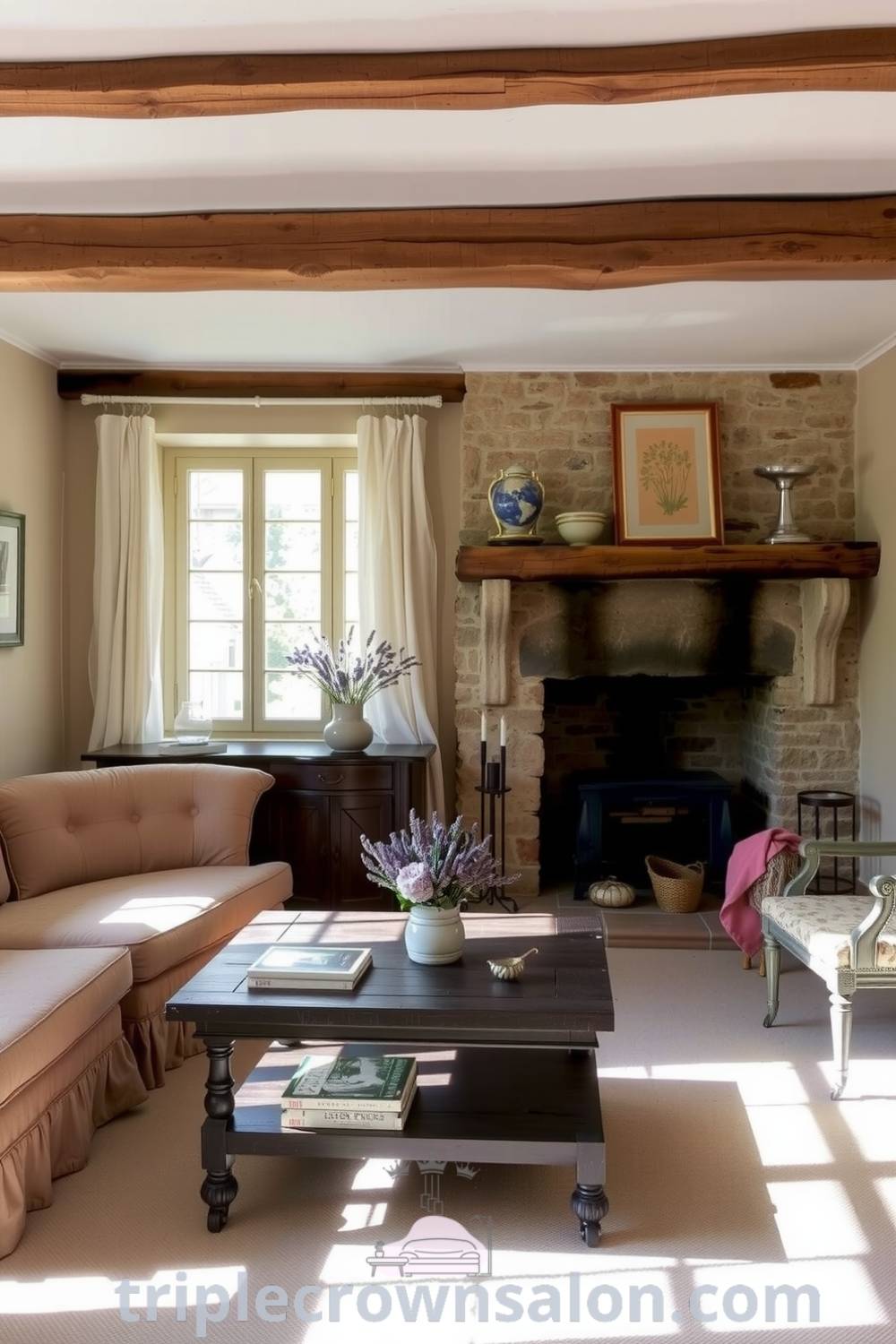 Cozy French living room with soft muted colors, natural wood beams, plush sofa, rustic coffee table, aged stone fireplace, sunlight through sheer curtains, and a hint of lavender, offering cozy ideas and inspirations for your home on triplecrownsalon.com.