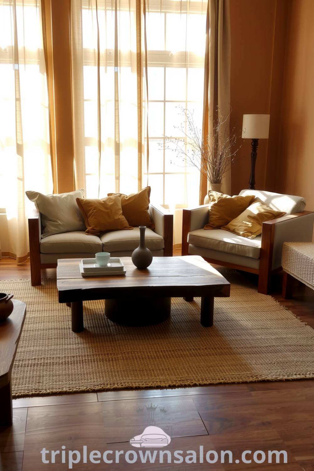 Japandi living room featuring warm brown tones, reclaimed wood furniture, plush sofas with earthy cushions, sheer curtains allowing natural light, minimalist jute rug, creating a cozy and harmonious space for relaxation. Visit triplecrownsalon.com for more cozy ideas and design inspirations.