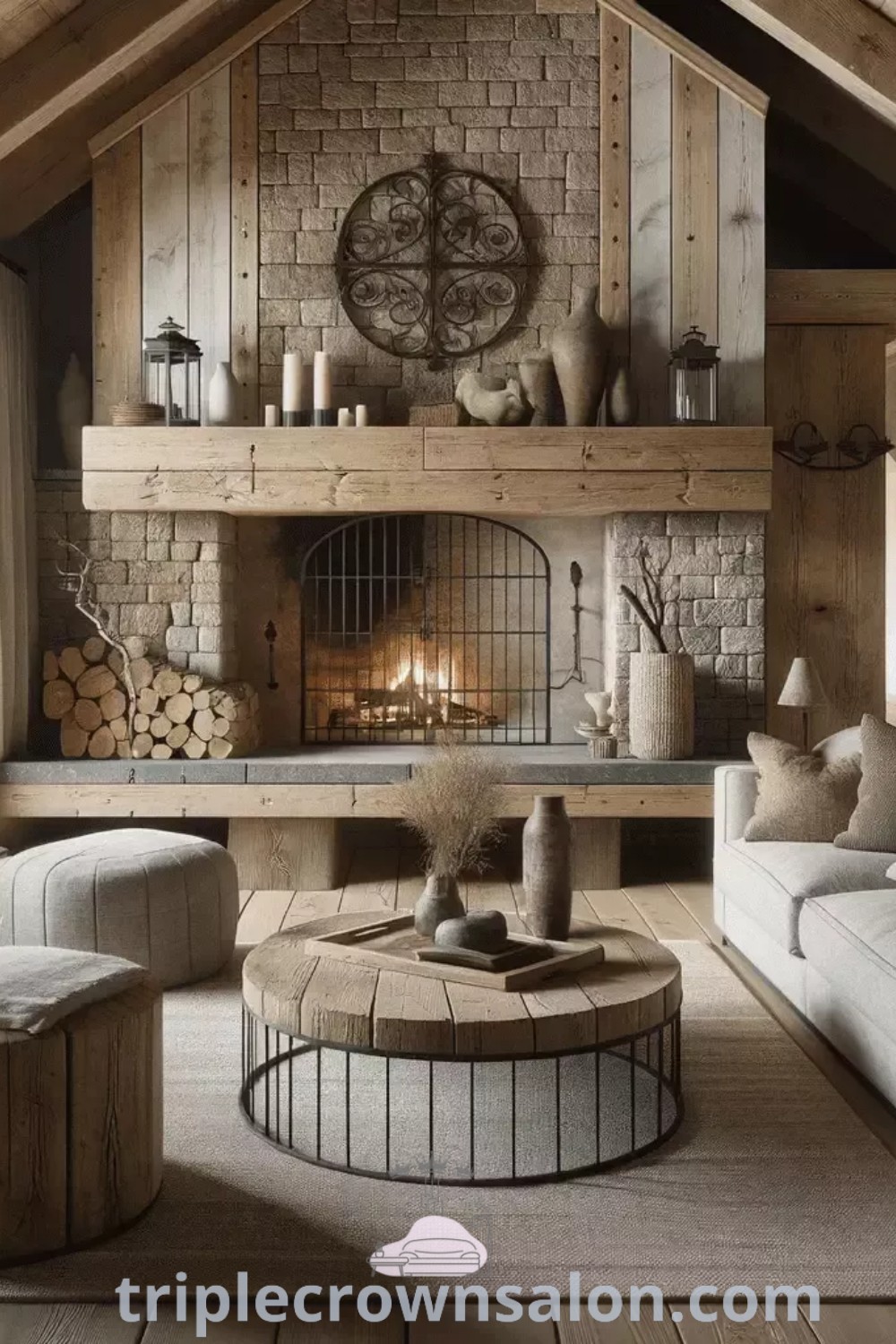 A cozy mountain modern living room featuring a central fireplace, rustic furnishings, and design elements inspired by lodge and log cabin aesthetics. This inviting space provides decor ideas for small spaces and captures the cozy home vibe. Discover more at triplecrownsalon.com.