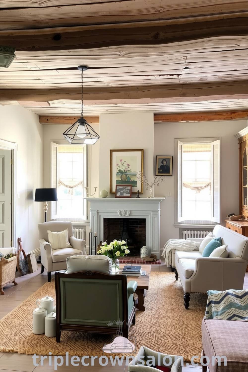 Rustic French living room with muted colors, weathered wooden beams, mismatched vintage furniture, an inviting fireplace, and sunlight filtering through linen curtains, offering cozy decor ideas and inspiration for a serene home at triplecrownsalon.com.