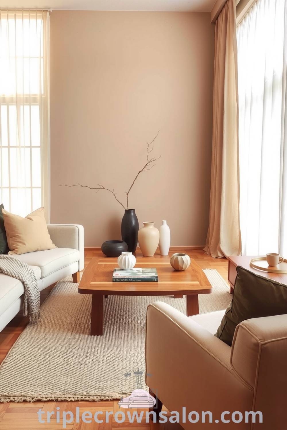 Japandi living room featuring a warm beige palette, low-profile wooden coffee table, textured woven rug, and ceramic vases, showcasing cozy design ideas and inspirations for a harmonious home, as seen on triplecrownsalon.com.