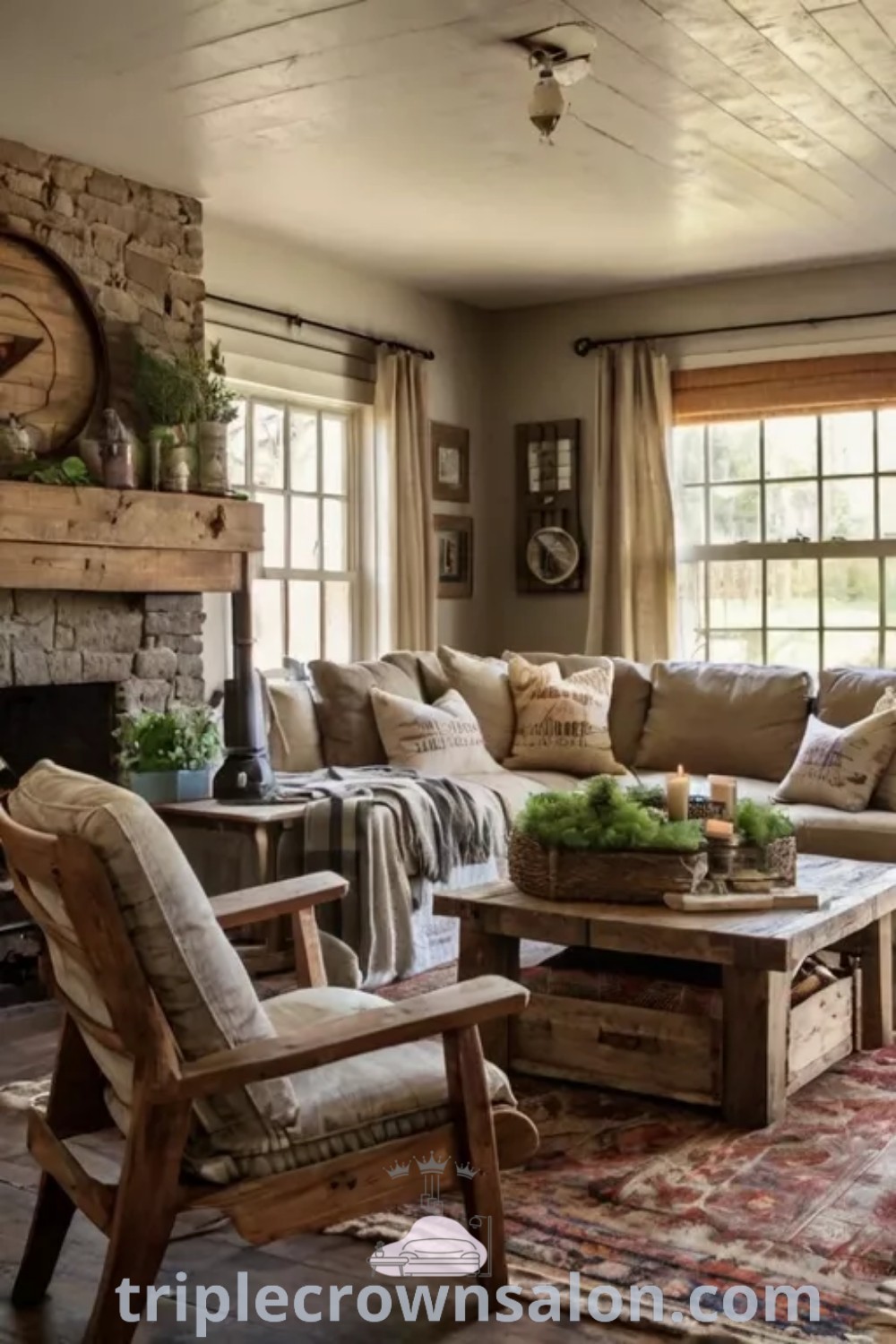 A rustic farmhouse living room filled with charming furniture, a cozy fireplace, and decorative accents that embody Country Style Home Decor Living Room. This space offers inspiring decor ideas and functionality, perfect for decorating ideas for small spaces, showcasing unique ideas and inspirations for your home. Explore more at triplecrownsalon.com.