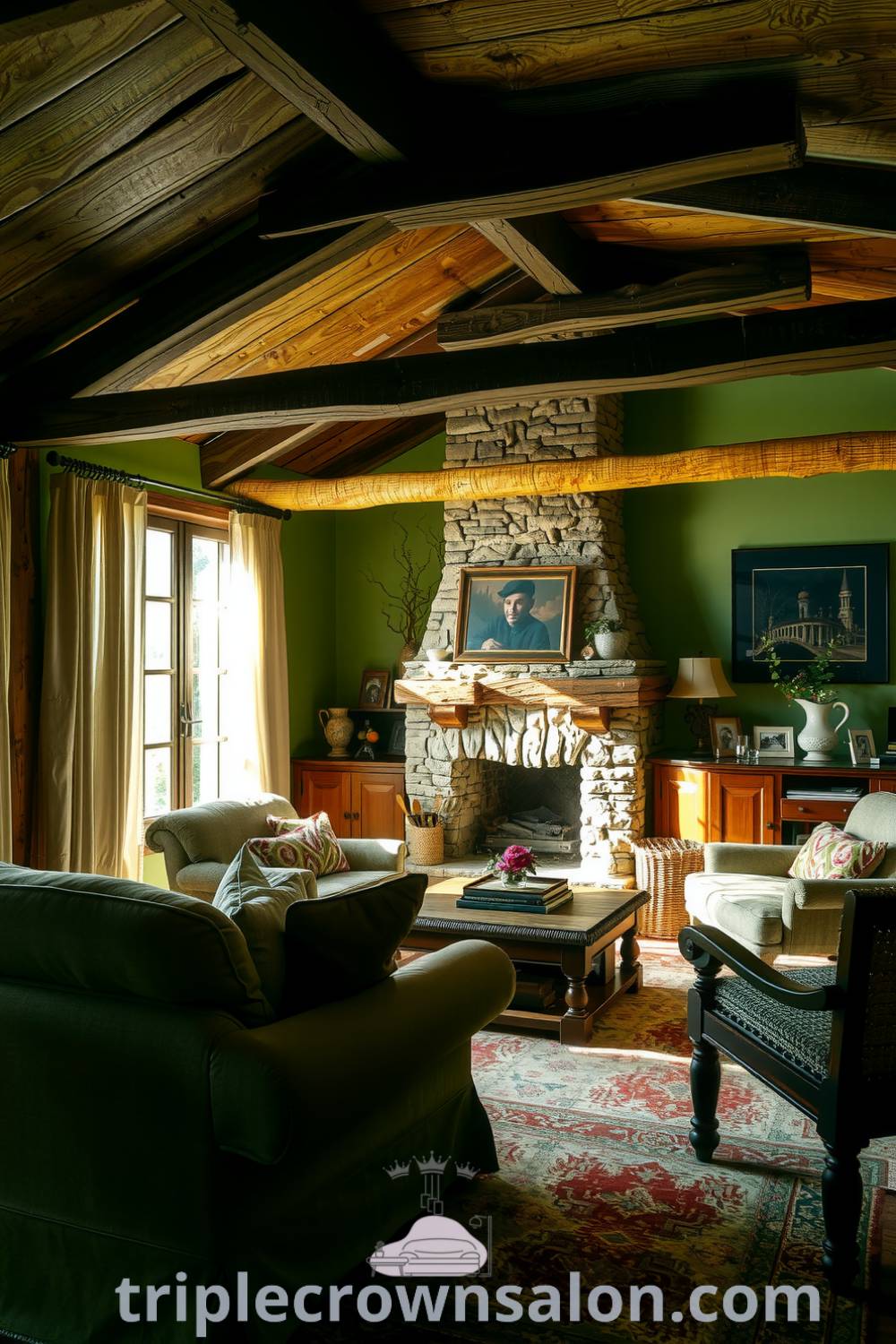 Cozy rustic living room featuring soothing green tones, exposed wooden beams, a plush couch, a stone fireplace, and aged wooden furniture, creating an inviting atmosphere, with unique ideas for cozy home decor inspirations from fireplacesandwoodstoves.com.