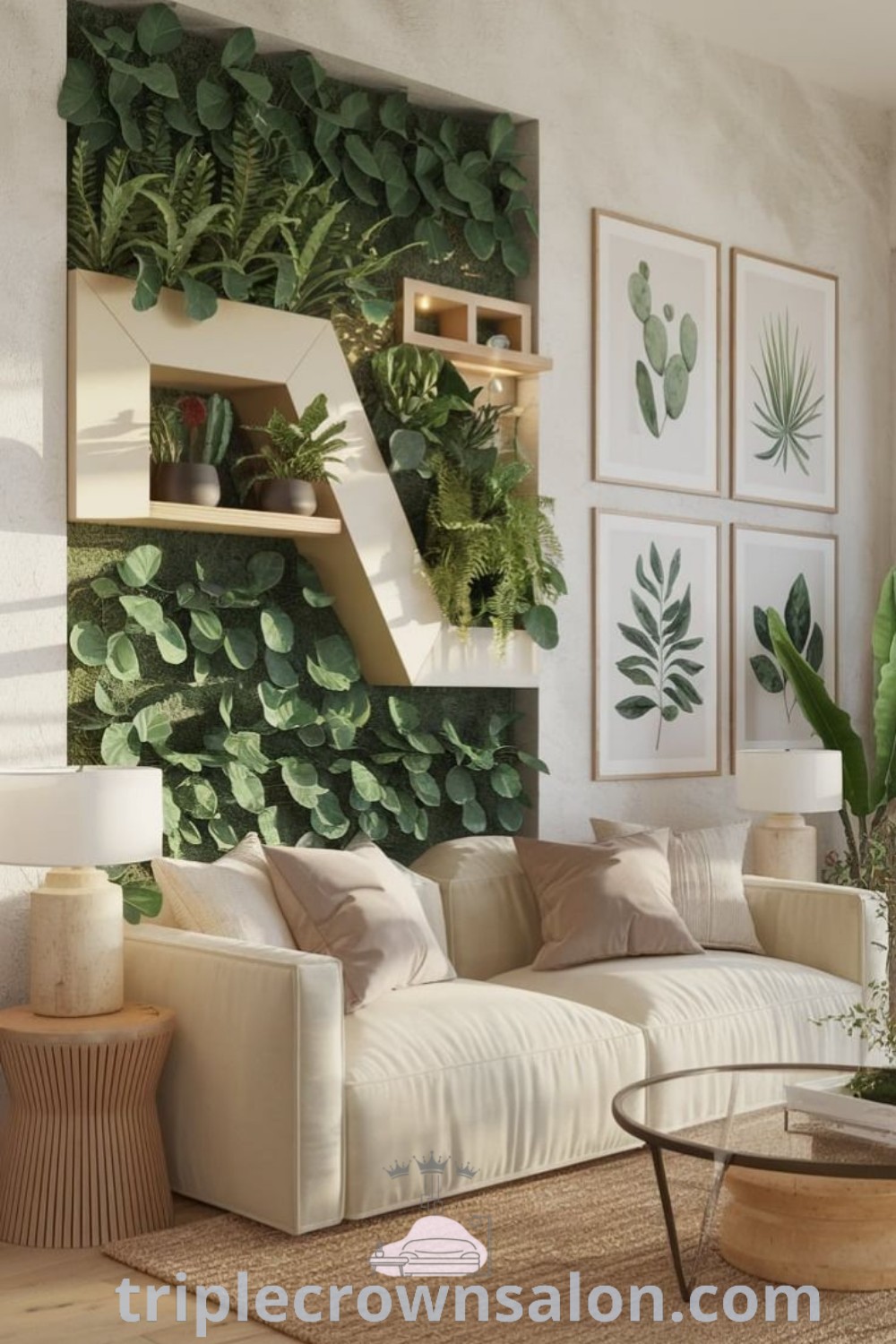 A modern living room filled with plants on shelves and a cozy atmosphere, featuring decor ideas for a plant aesthetic. This vibrant space highlights design trends while adding a touch of nature to your home. Explore more unique ideas at triplecrownsalon.com.