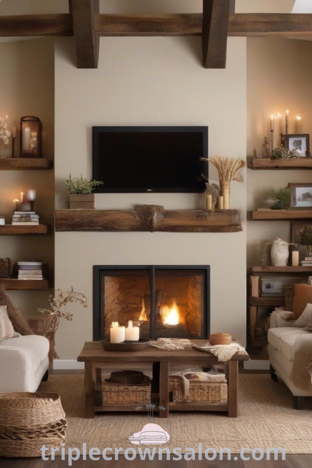 A cozy rustic cream living room showcasing a brown rock fireplace, stylish furniture, and farmhouse decor, providing inspiring ideas for your home. Perfect for those seeking unique rustic farmhouse living room ideas and a cozy aesthetic. Explore more cozy home inspirations at triplecrownsalon.com.
