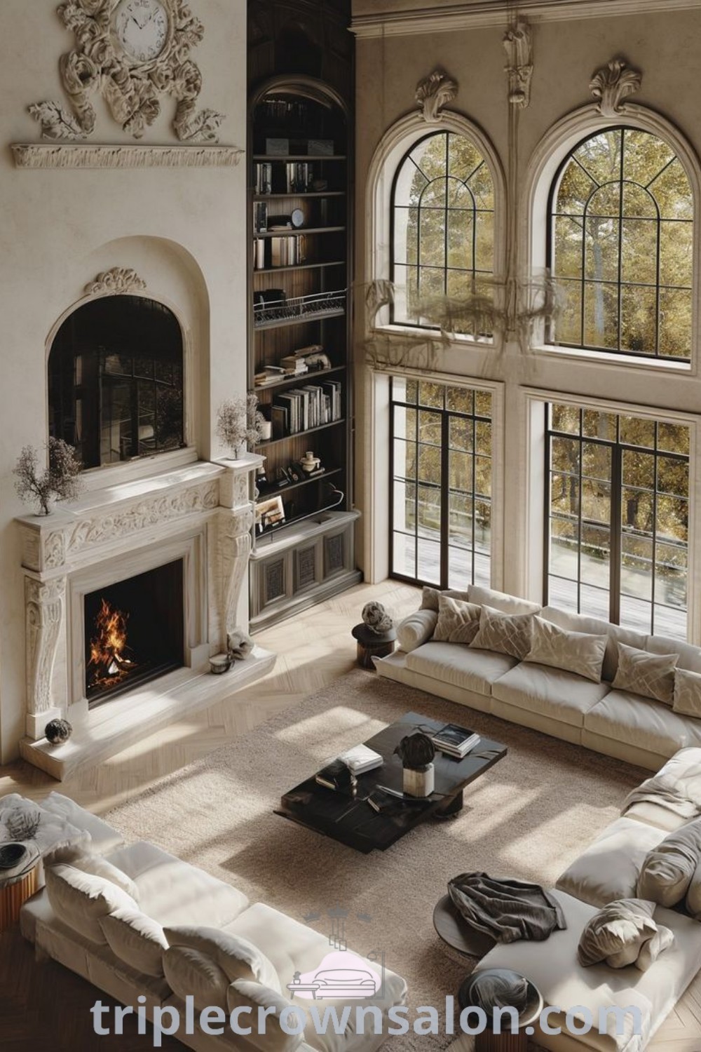 A luxurious French house living room filled with rich furniture, large windows, and a cozy fireplace, showcasing design ideas and decor inspirations for a warm and inviting home. Explore more at triplecrownsalon.com.