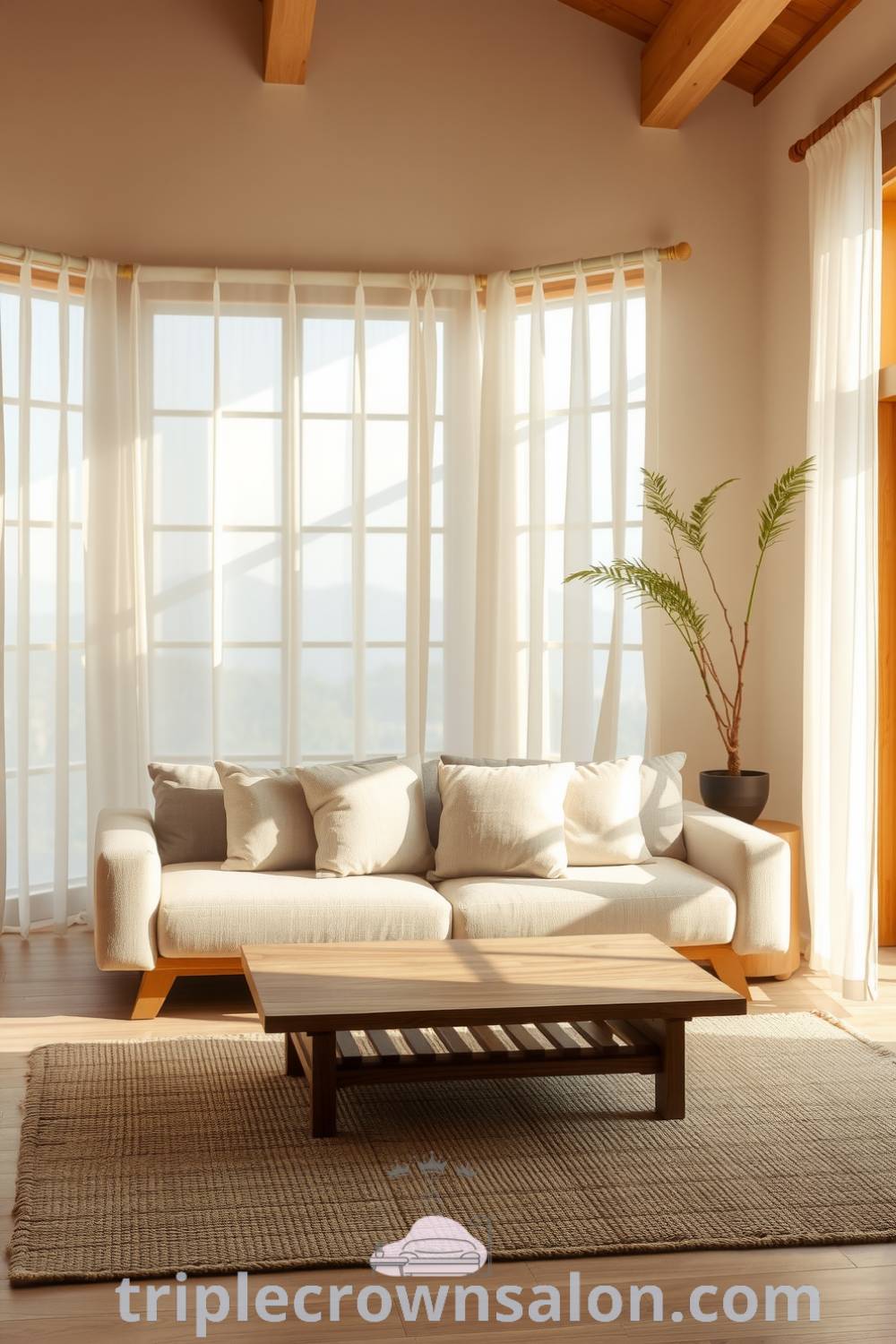 Cozy Japandi living room featuring soft brown tones, natural wood furnishings, a plush sofa, a low wooden coffee table, and a handwoven rug, enhanced by potted greenery and sunlight filtering through sheer curtains, presented on triplecrownsalon.com – unique ideas for your home and cozy aesthetic inspirations.