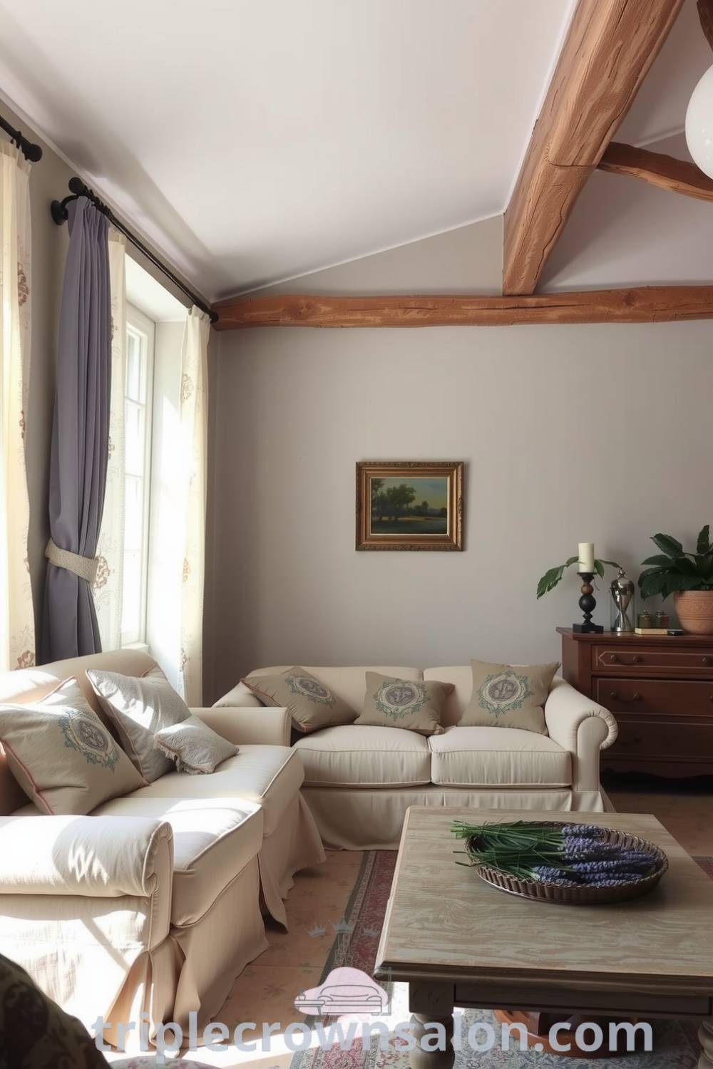 Charming French living room featuring soft pastel colors, a plush sofa with embroidered cushions, rustic wooden beams, and lace curtains, creating a cozy and inviting atmosphere for gatherings. Visit triplecrownsalon.com for cozy home decor ideas and design inspirations.