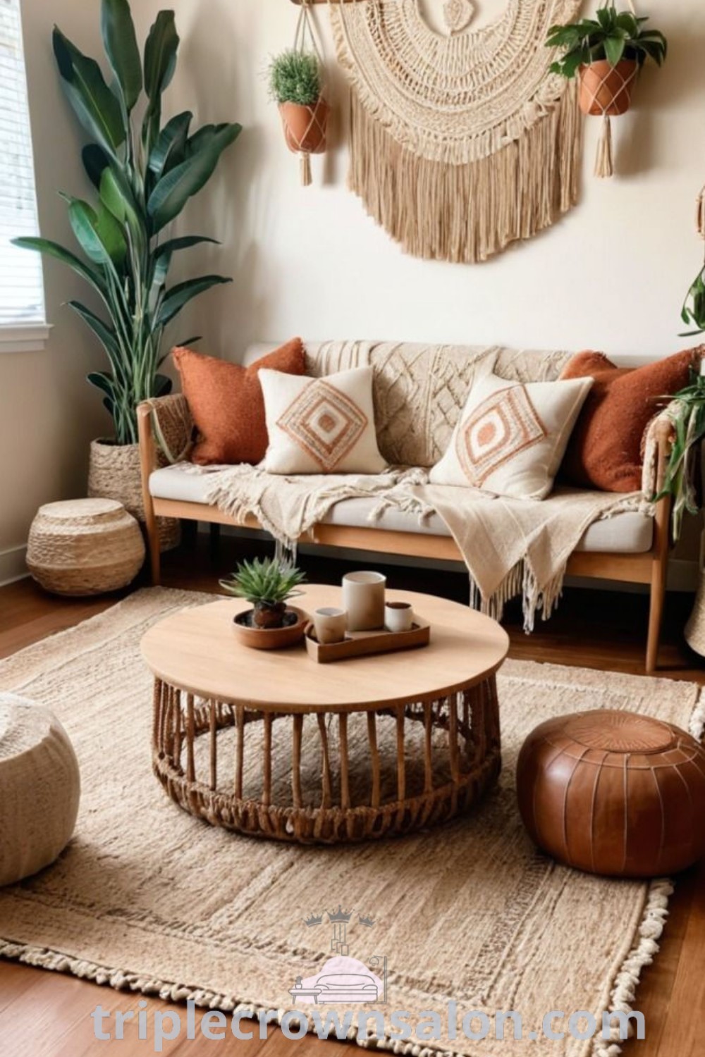 A cozy boho living room featuring a wooden table with potted plants, enhancing the decor with a vibrant, serene atmosphere. This space embodies Easy Boho Living Room design ideas, showcasing unique inspirations for a warm and inviting home. Explore more decor ideas at wellnesswink.com.