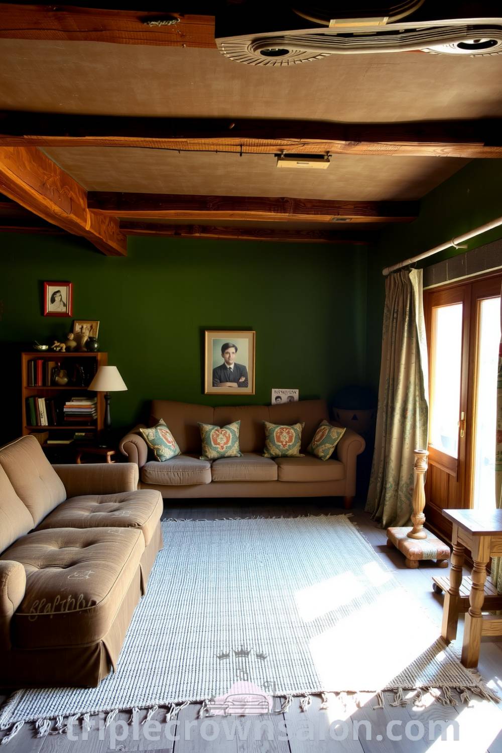 Rustic living room with deep green plaster walls, wooden beams, a plush sofa, and a handmade coffee table, decorated with eclectic books and trinkets, showcasing cozy ideas for your home on fireplacesandwoodstoves.com.