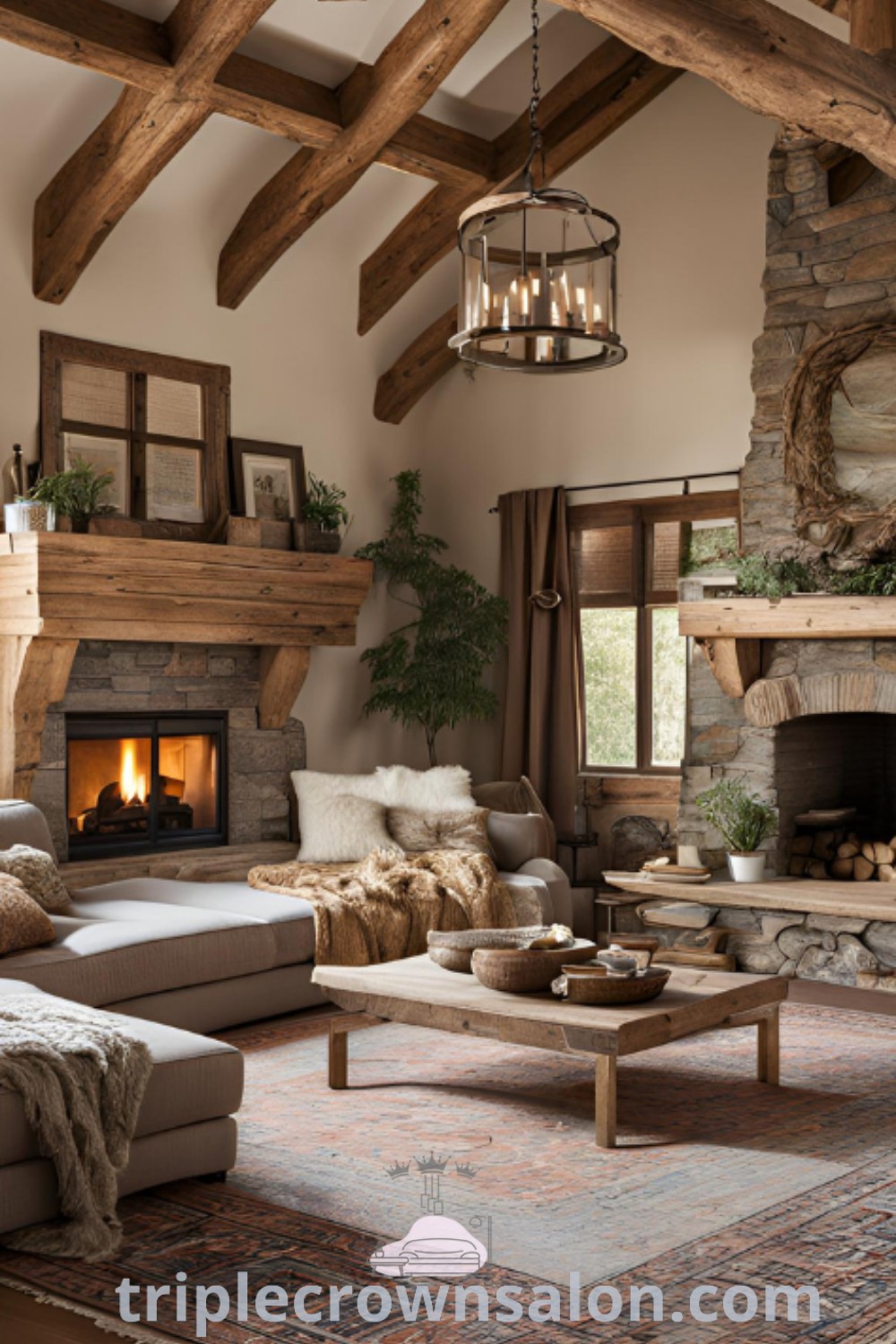A cozy rustic living room filled with elegant furniture and a warm fireplace, showcasing raw wood elements and decor inspirations that evoke a charming atmosphere. Discover unique ideas for your home at triplecrownsalon.com, focusing on rustic living rooms and inviting design tips for a cozy aesthetic.