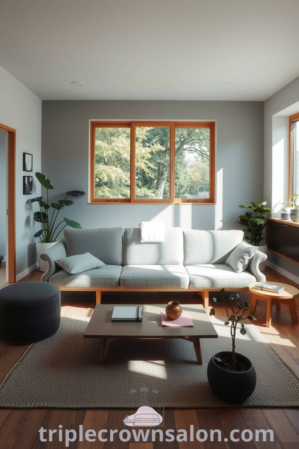 Japandi living room featuring soothing grey tones, a plush textured sofa, warm wooden accents, large windows with gentle light, a woven rug, and potted plants, offering cozy ideas and decor inspirations for creating a serene home atmosphere at triplecrownsalon.com.