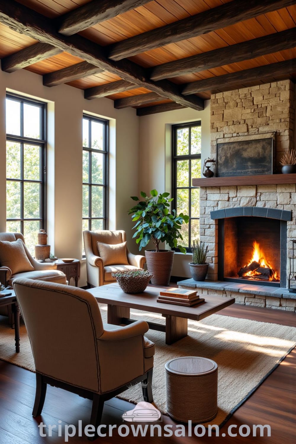 Rustic living room featuring a rough-hewn wooden coffee table, mismatched armchairs, and a stone fireplace, illuminated by sunlight. The design creates a cozy atmosphere with decor ideas that inspire comfort and warmth, perfect for those seeking unique ideas for their home. Explore more at fireplacesandwoodstoves.com.
