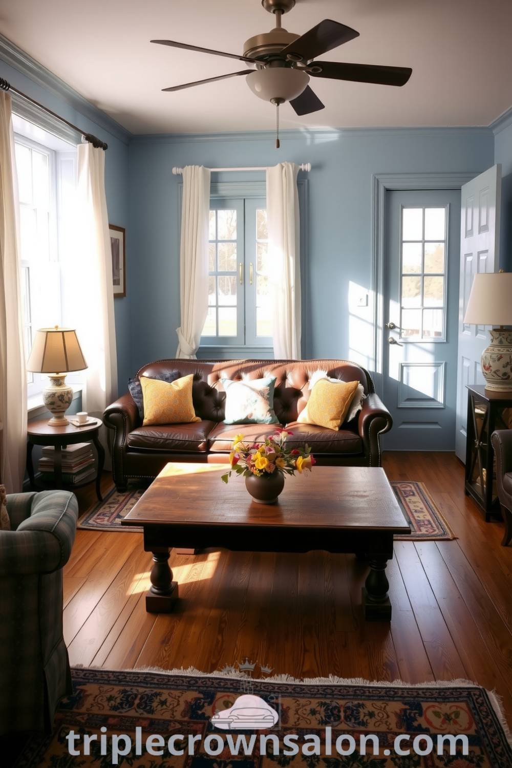A cozy vintage living room with soft blue walls, a well-worn leather sofa adorned with colorful throw pillows, sunlight streaming through sheer curtains, and a rustic coffee table, offering inspiring ideas for home decor at fireplacesandwoodstoves.com.