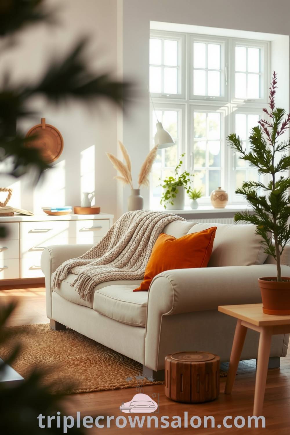 Cozy Scandinavian living room with warm orange accents, natural light from large windows, soft white walls, light wooden furniture, a knitted throw, woven rug, potted plants, and a comforting vibe perfect for relaxation and gatherings. Visit triplecrownsalon.com for more inspiring decor ideas.