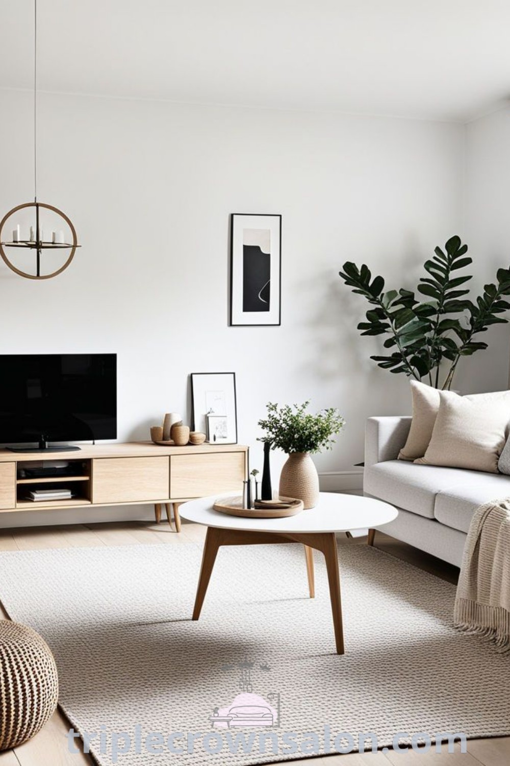 A neutral Scandinavian living room filled with stylish furniture and a flat-screen TV atop a wooden stand, showcasing cozy aesthetic decor ideas and Scandi inspirations. This inviting space serves as unique ideas for your home, blending functionality and design trends. Visit triplecrownsalon.com for more decor inspirations.