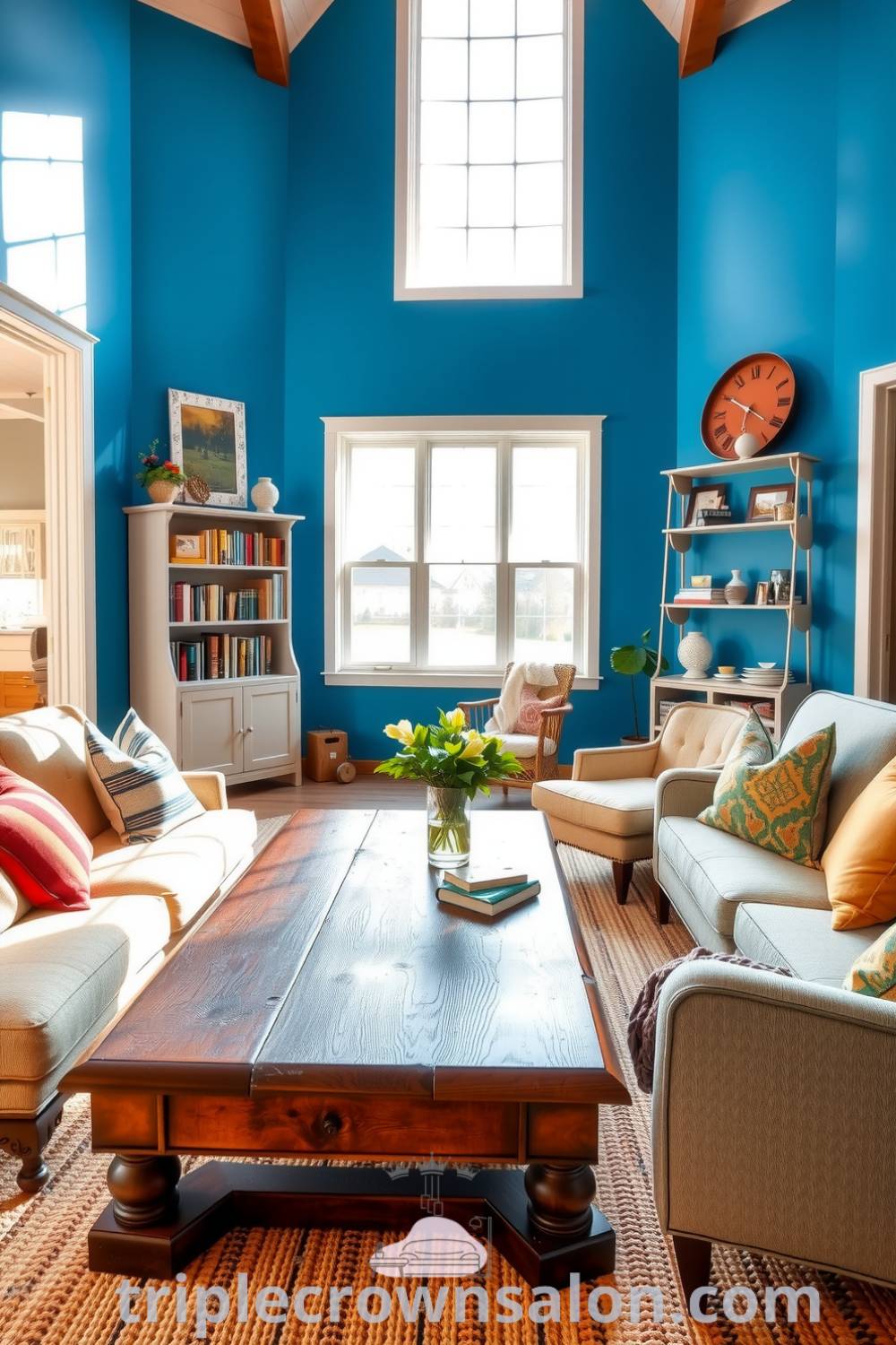 Bright farmhouse living room with blue walls, wooden coffee table, mismatched chairs, shelves of books, and a woven rug, showcasing cozy decor ideas and inviting atmosphere for gatherings at triplecrownsalon.com.