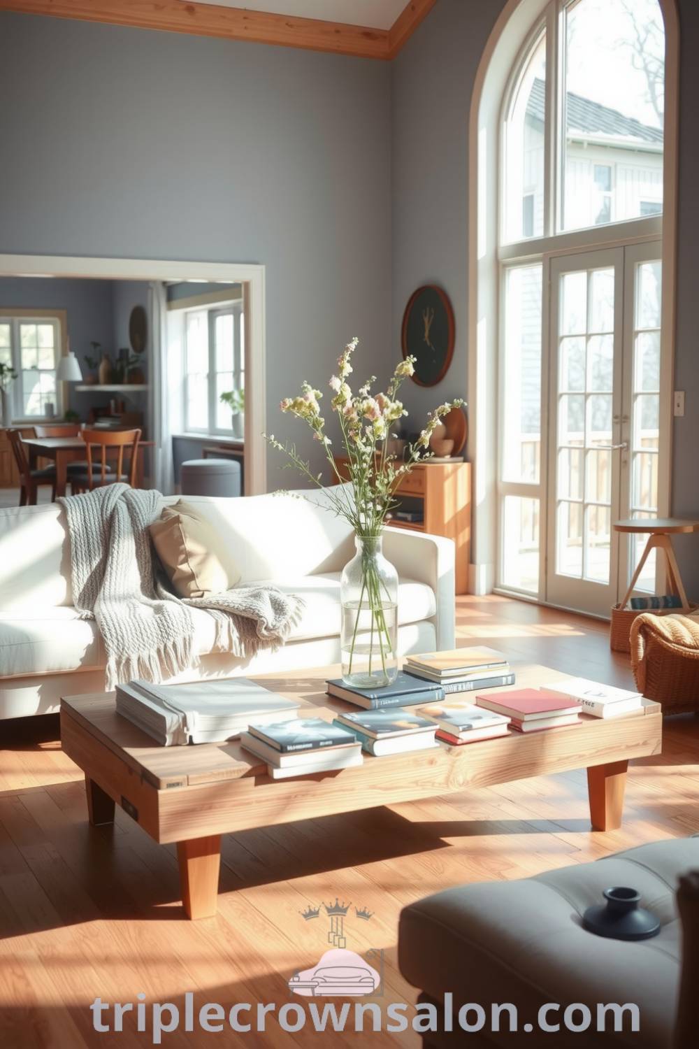 Scandinavian living room with soft blue accents, natural textures, large windows, warm wooden floors, knitted throws on a minimalist sofa, reclaimed wood coffee table, assortment of books, and a ceramic vase with wildflowers, creating a cozy and welcoming atmosphere. Visit triplecrownsalon.com for cozy decor ideas and inspiring designs.