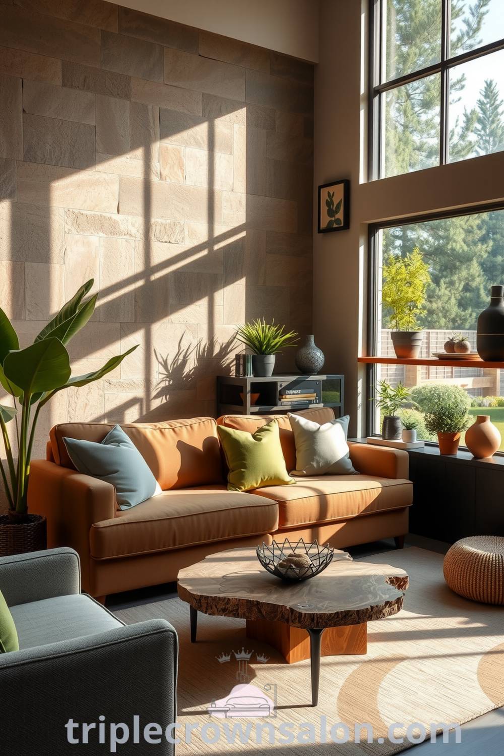 Cozy living room featuring sunlight filtering through leafy plants, a plush earth-toned sofa, reclaimed wood accents, and a garden view through an oversized window, providing nature-inspired decor ideas for your home, emphasizing a cozy aesthetic and unique design inspirations. Visit triplecrownsalon.com.