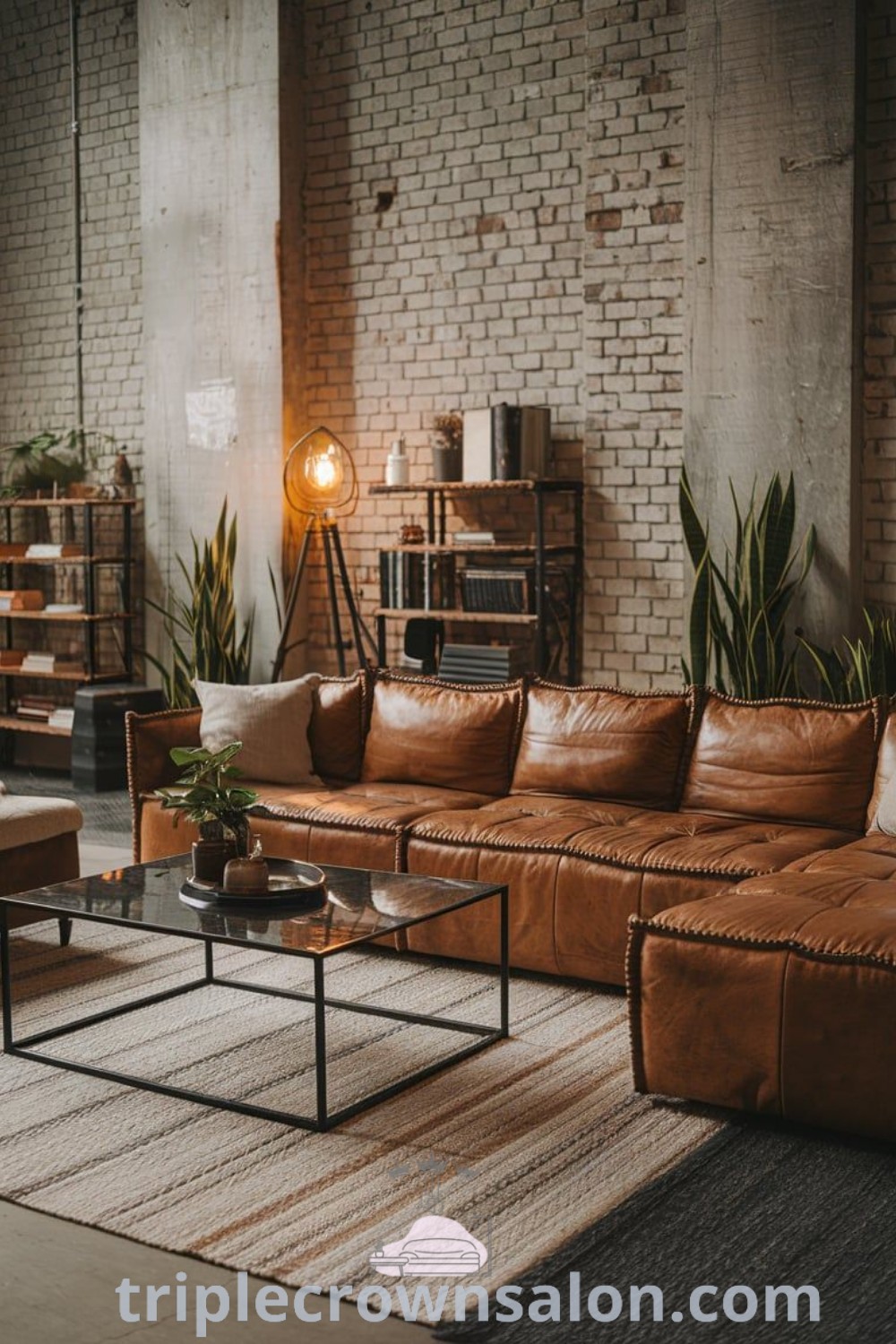 A cozy boho industrial living room filled with brown furniture, abundant plants, and a charming rug, showcasing unique decor ideas and soft industrial designs. This inviting space offers inspiration for your home and small living areas, perfect for creating a cozy aesthetic. Discover more at triplecrownsalon.com.