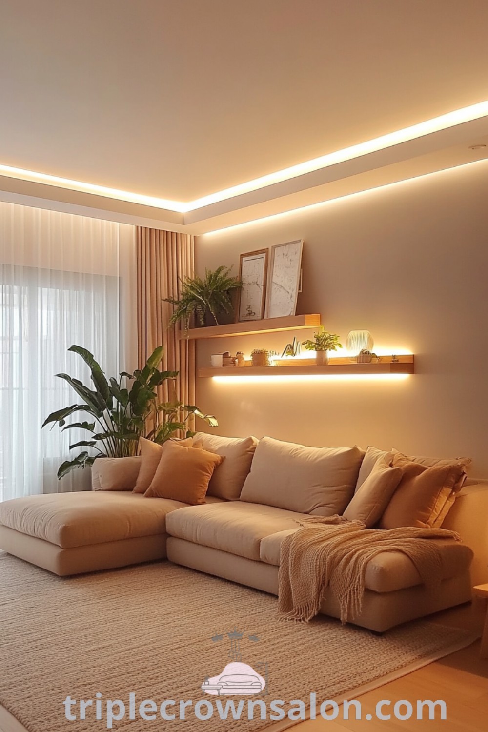 A cozy minimalist living room featuring soft lighting, stylish decor, and indoor plants that create a warm atmosphere. This design incorporates neutral tones and modern furniture for a bright and airy feel. Discover cozy home ideas and decor inspirations at triplecrownsalon.com.