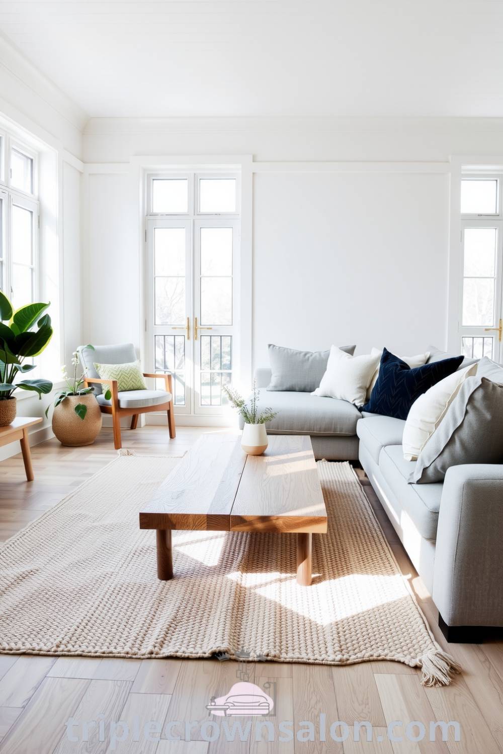 Scandinavian-inspired living room with soft white walls, natural light from large windows, a textured wool rug, reclaimed wood coffee table, potted plants, and a plush neutral sofa, offering cozy decor ideas for your home at triplecrownsalon.com.