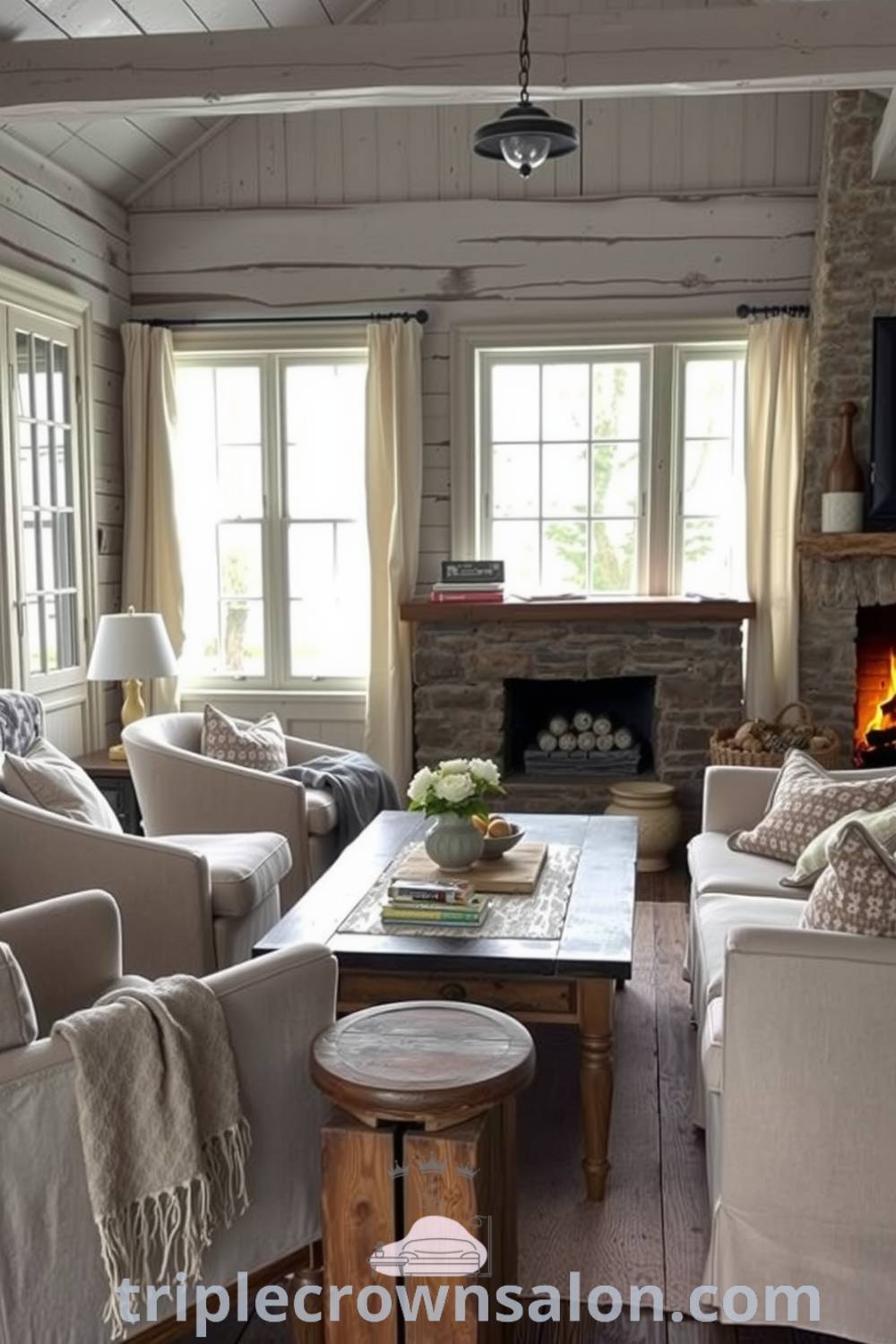 Cozy rustic living room featuring a warm stone fireplace, faded armchairs, and natural light from large windows, with inviting textures and decor inspirations for a comfortable home, showcasing ideas for your home on fireplacesandwoodstoves.com.