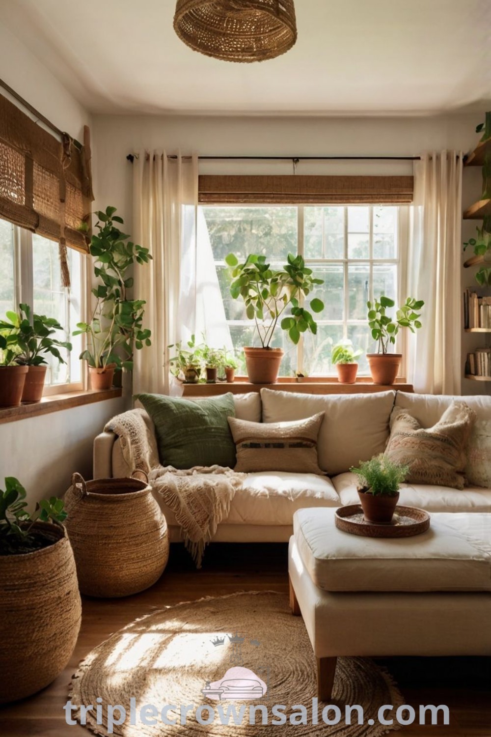 A cozy boho living room filled with vibrant plants next to a sunlit window, showcasing nature-inspired decor and inviting seating arrangements. This space highlights unique ideas and decor inspirations for small spaces, ideal for creating a warm, dreamy atmosphere. Explore more cozy home design ideas at triplecrownsalon.com.