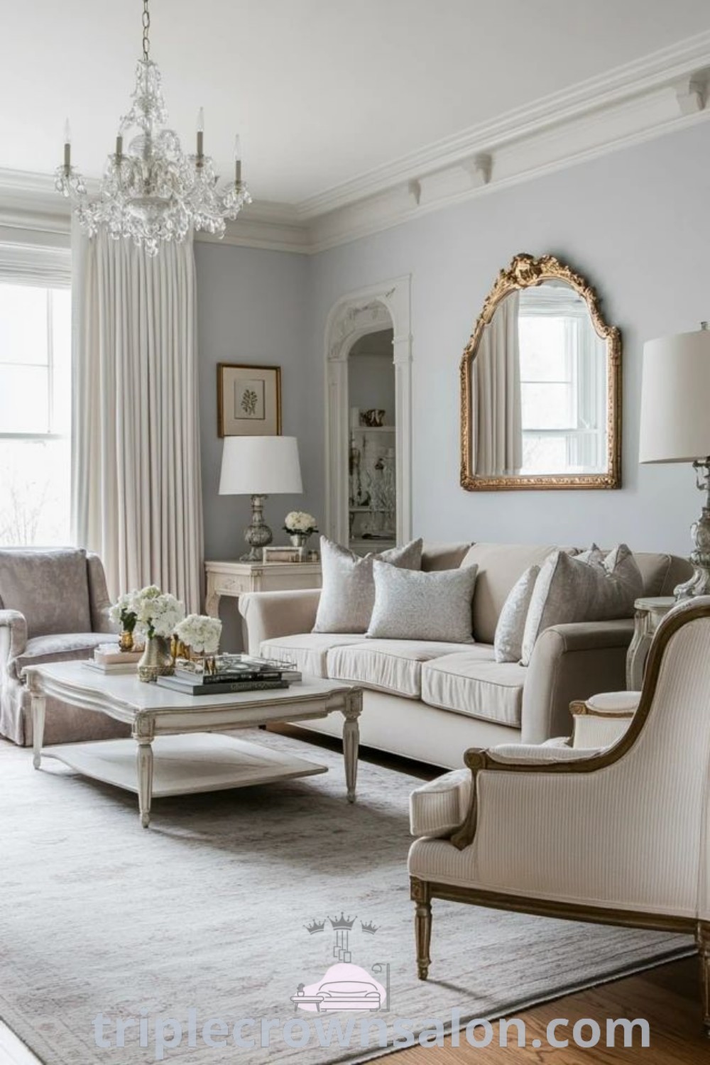 A living room featuring a beautiful chandelier, cozy French couches, and traditional decor elements, epitomizing rustic French interior design. This cozy space provides unique ideas and decor inspirations for creating a classic country living room. For more design ideas, visit triplecrownsalon.com.