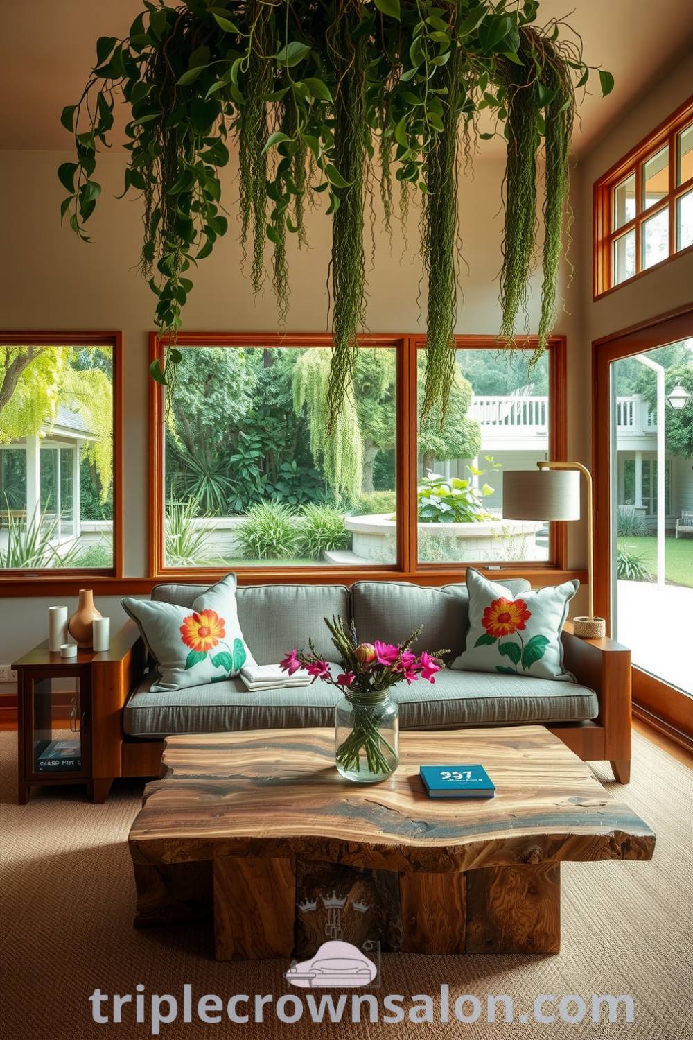 Nature-inspired living room featuring warm earthy tones, a reclaimed wood coffee table, botanical print cushions, large windows framing garden views, and cascading hanging plants, creating a cozy aesthetic and inspiring decor ideas for your home. Visit triplecrownsalon.com for more design tips and inspirations.