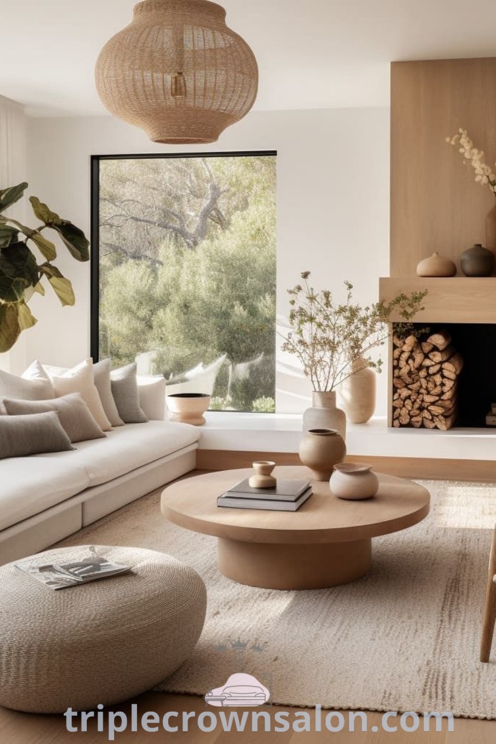 A living room designed in Modern Scandinavian style featuring light oak floors, a cozy fire place, and reflective of Japandi influences with simple furniture. This inviting space offers decor ideas and unique inspirations for your home, suitable for both house and apartment settings. Discover more design ideas at triplecrownsalon.com.