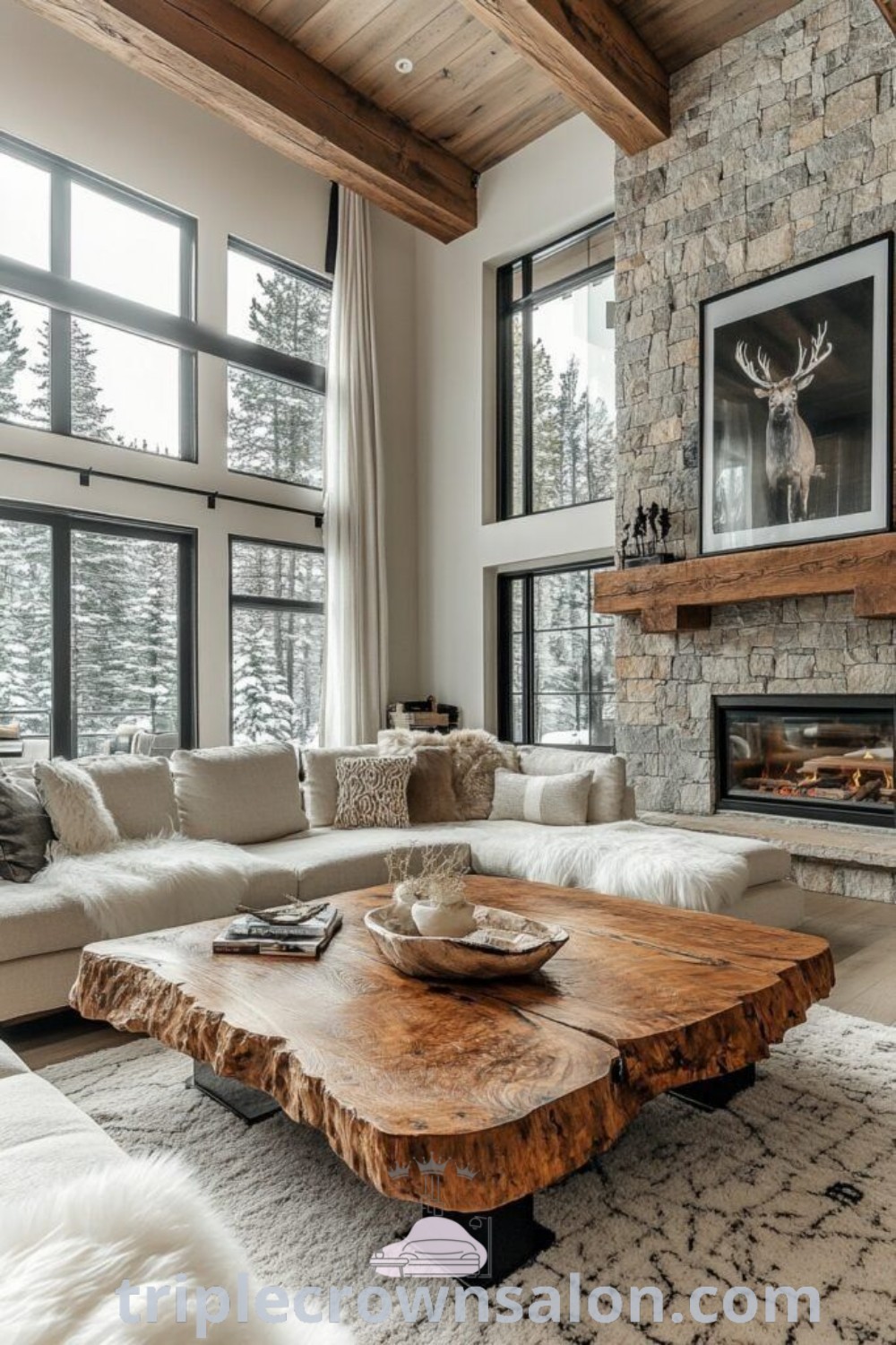 A rustic modern lodge living room featuring warm wood tones, natural stone fireplaces, and inviting decor ideas that combine comfort and style. This inspiring space reflects cozy aesthetics ideal for a mountain home, offering unique ideas for your home. Discover more decor inspirations at triplecrownsalon.com.