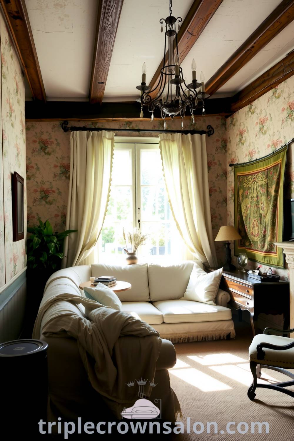 Cozy French living room featuring soft cream walls, delicate floral wallpaper, an overstuffed sofa, an ornate chandelier, rustic wooden beams, a large window with sheer curtains, an antique side table, and a tapestry, creating inviting decor ideas for your home at triplecrownsalon.com.