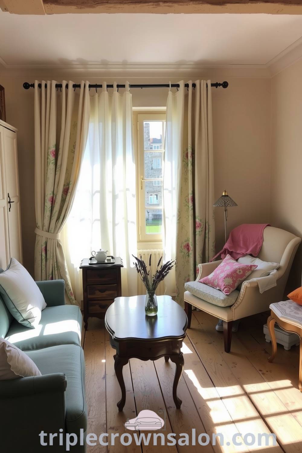 Cozy living room with soft cream walls, vintage floral fabrics, mismatched furniture, sunlight filtering through sheer curtains, and a vase of fresh lavender, highlighting cozy ideas and decor inspirations for enhancing your home at triplecrownsalon.com.